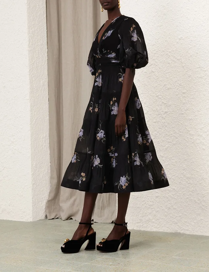 Women Zimmermann Dresses Pleated Midi Dress Black Iris Floral