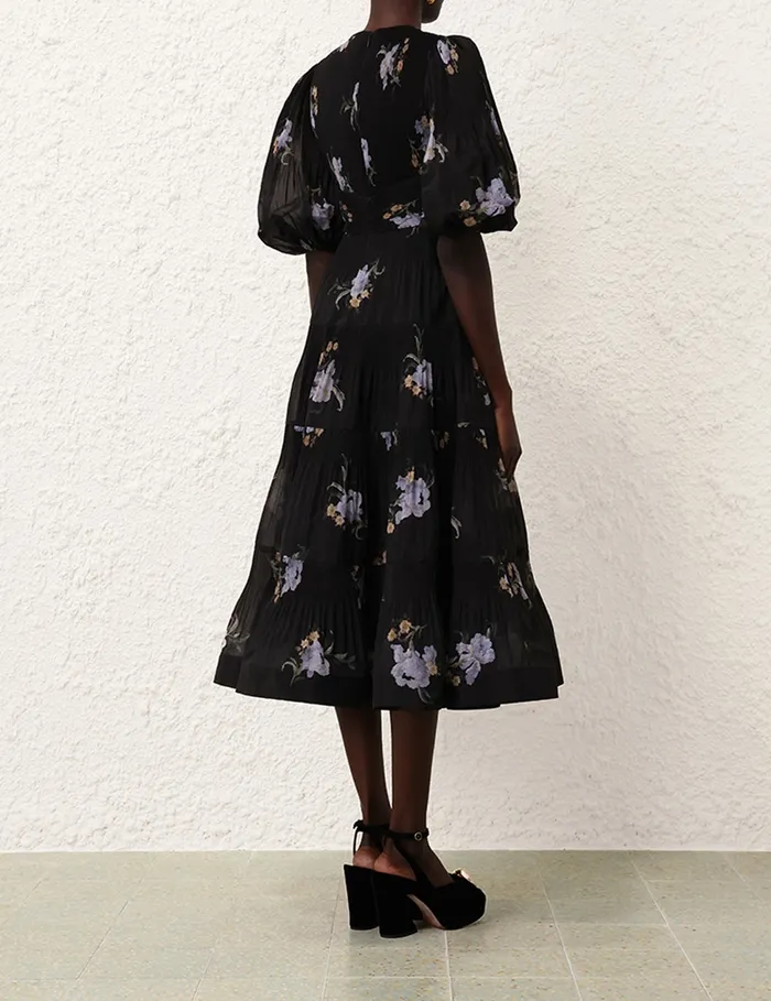 Women Zimmermann Dresses Pleated Midi Dress Black Iris Floral