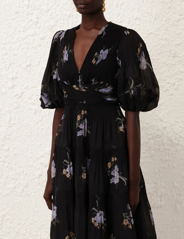 Women Zimmermann Dresses Pleated Midi Dress Black Iris Floral
