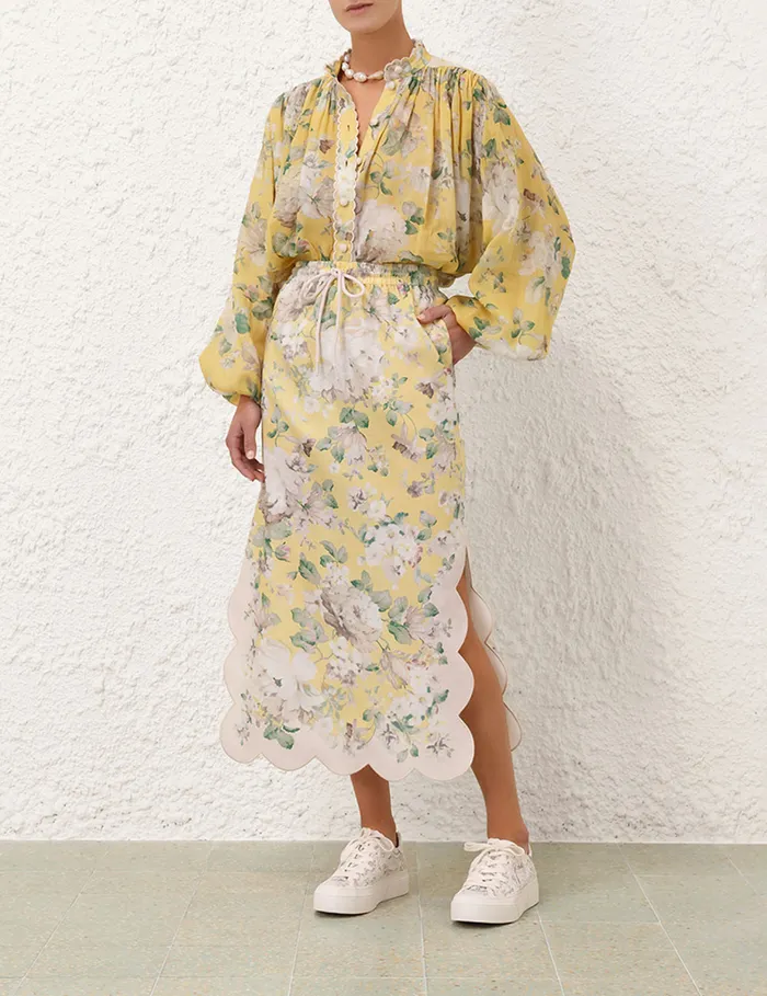 Women Zimmermann Skirts Acacia Scallop Midi Skirt Yellow Floral