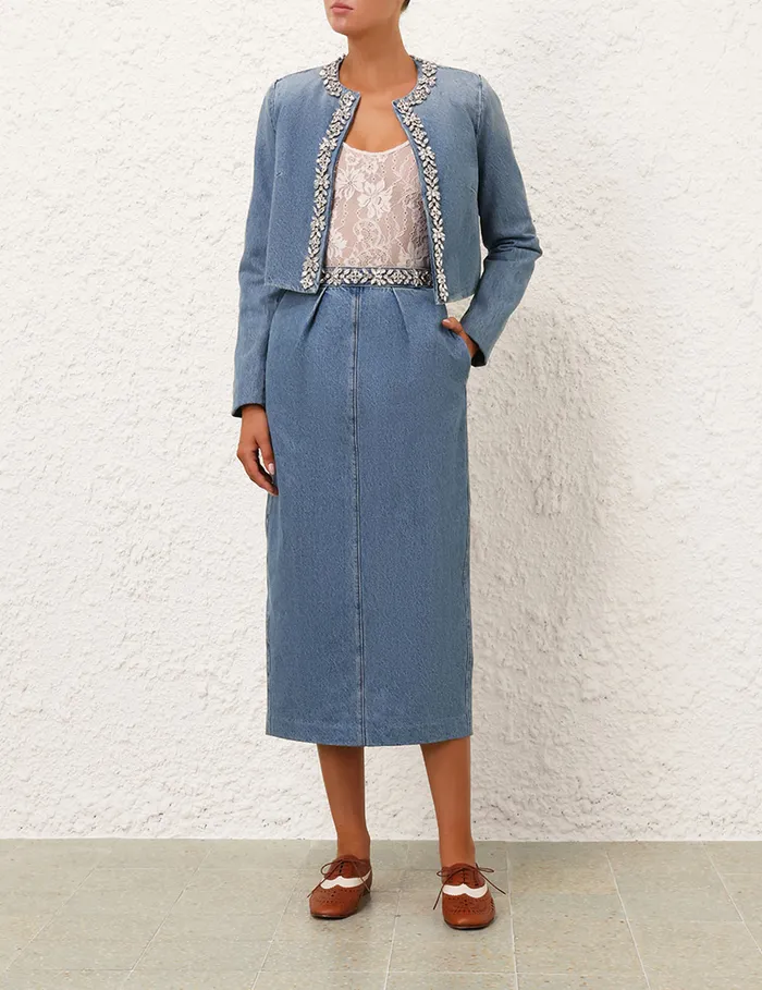 Women Zimmermann Skirts Crush Embellished Denim Skirt Blue Moon