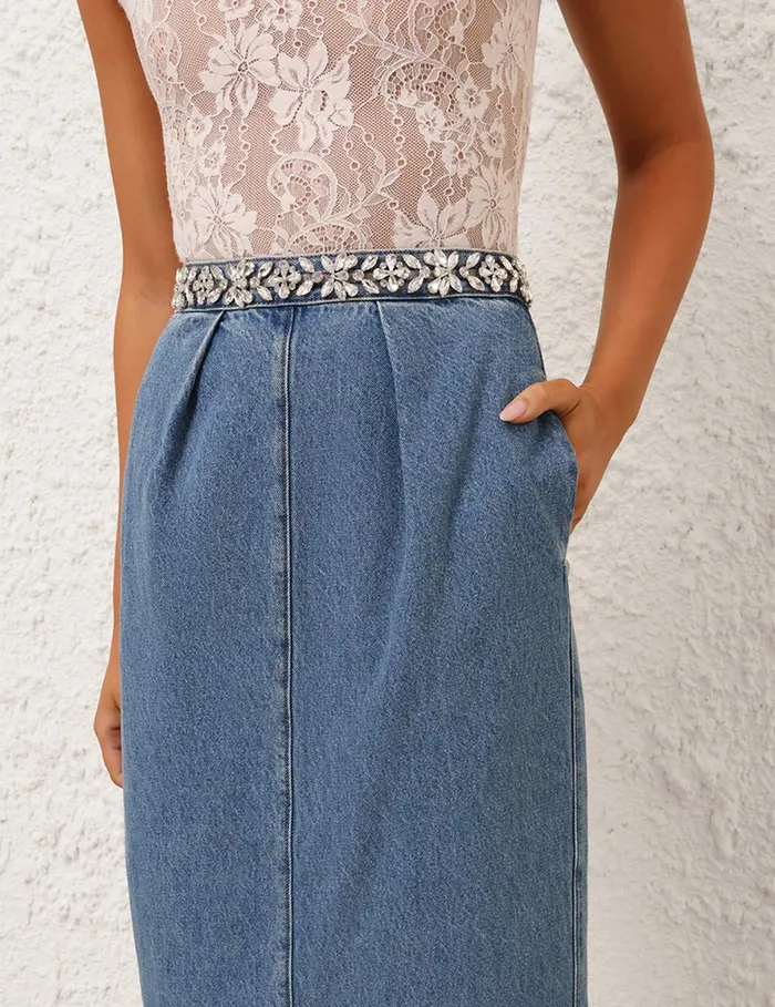 Women Zimmermann Skirts Crush Embellished Denim Skirt Blue Moon