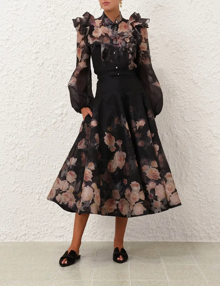 Women Zimmermann Skirts Crush Flared Midi Skirt Black Floral