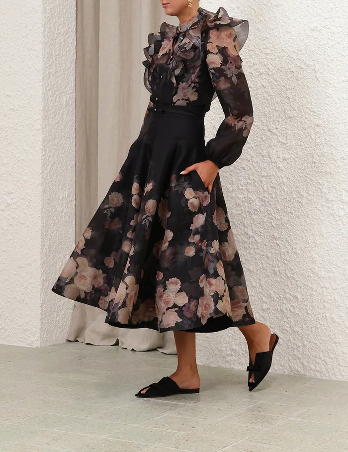 Women Zimmermann Skirts Crush Flared Midi Skirt Black Floral