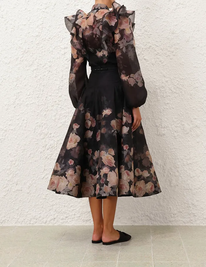 Women Zimmermann Skirts Crush Flared Midi Skirt Black Floral
