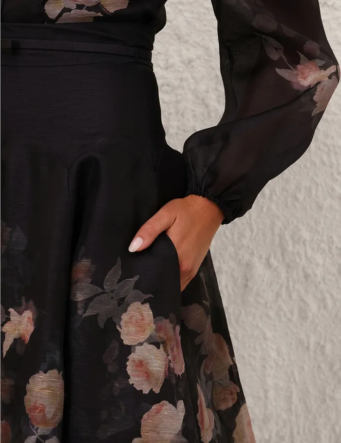 Women Zimmermann Skirts Crush Flared Midi Skirt Black Floral