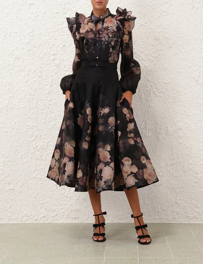 Women Zimmermann Skirts Crush Flared Midi Skirt Black Floral