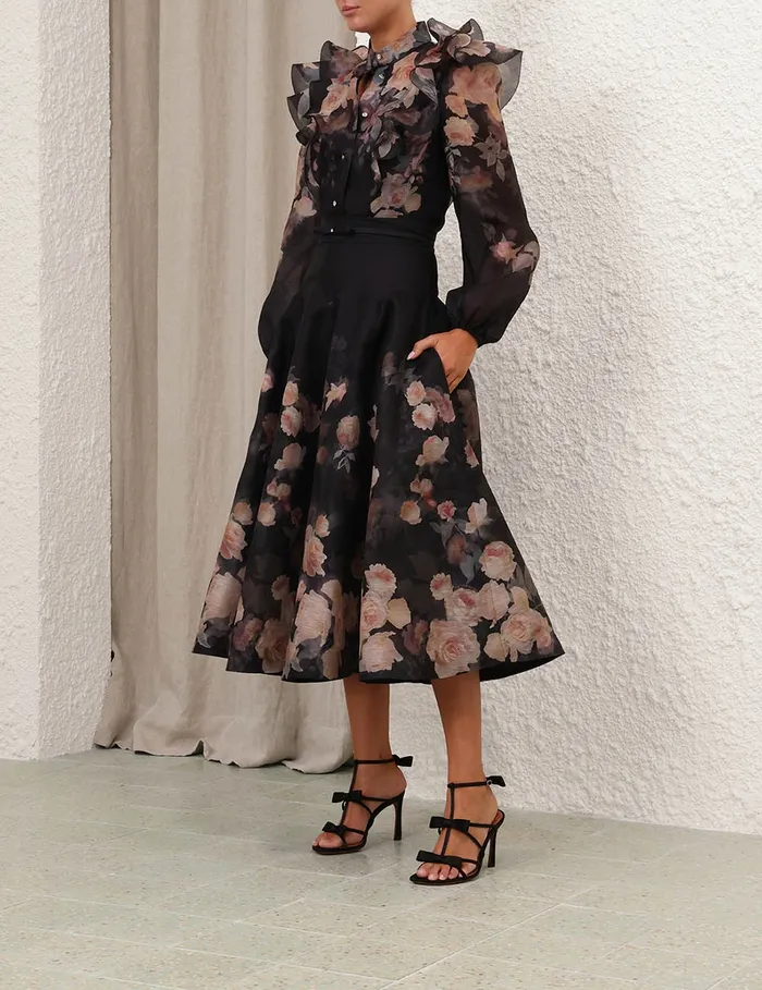 Women Zimmermann Skirts Crush Flared Midi Skirt Black Floral