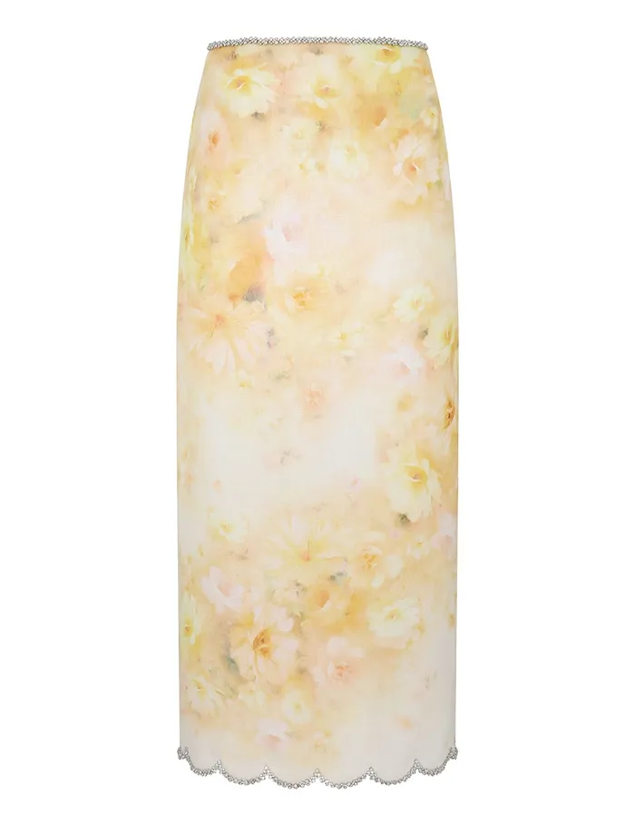 Women Zimmermann Skirts Crush Scalloped Midi Skirt Yellow Floral