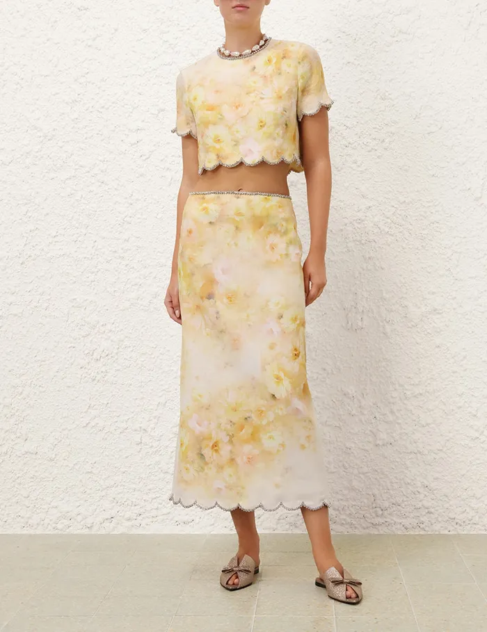 Women Zimmermann Skirts Crush Scalloped Midi Skirt Yellow Floral