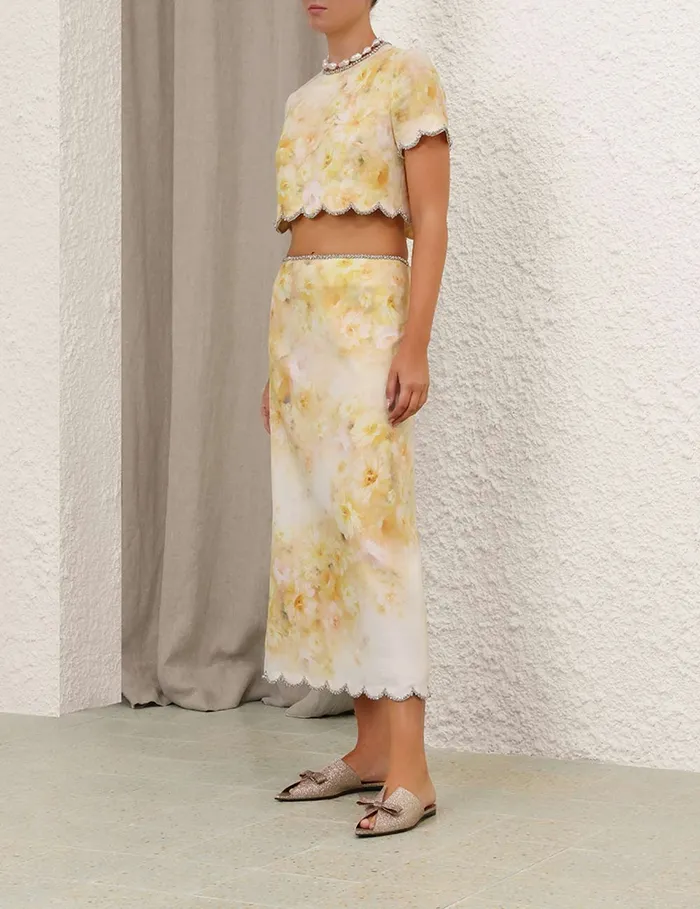 Women Zimmermann Skirts Crush Scalloped Midi Skirt Yellow Floral