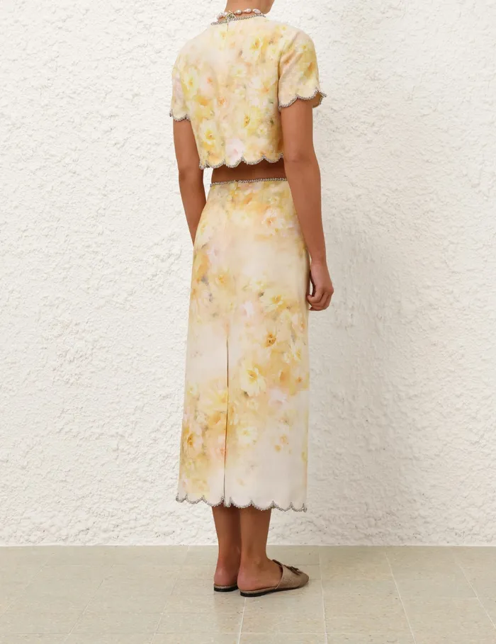 Women Zimmermann Skirts Crush Scalloped Midi Skirt Yellow Floral