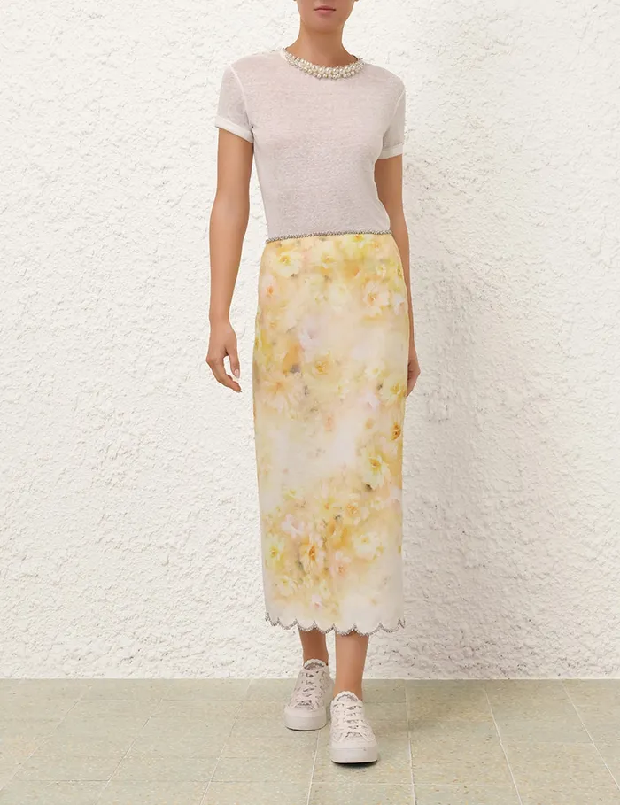Women Zimmermann Skirts Crush Scalloped Midi Skirt Yellow Floral