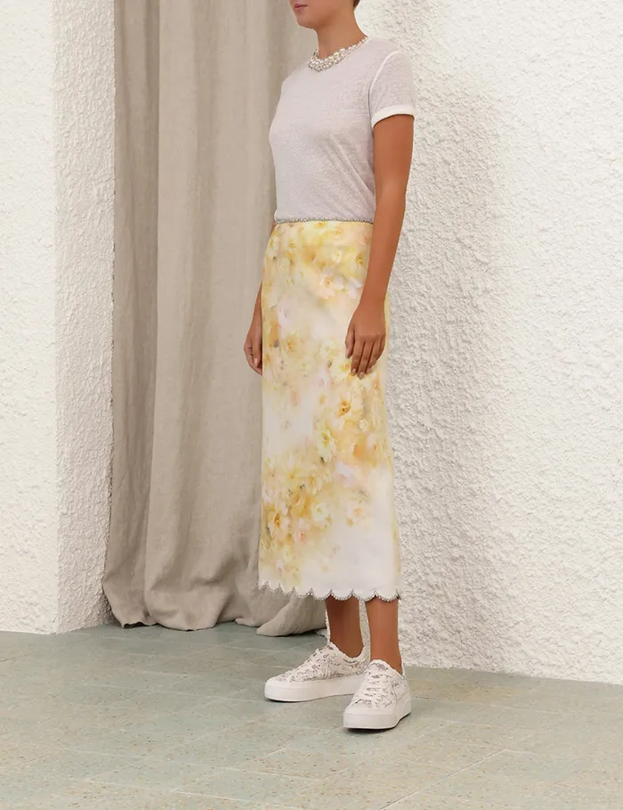 Women Zimmermann Skirts Crush Scalloped Midi Skirt Yellow Floral