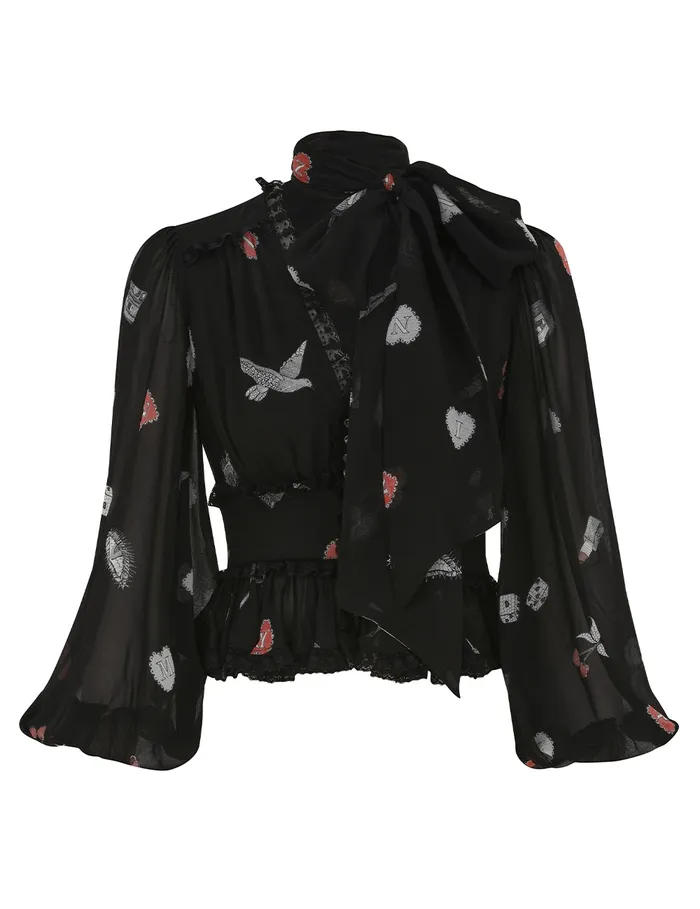Women Zimmermann Tops Crush V Neck Lace Blouse Black Love Letters