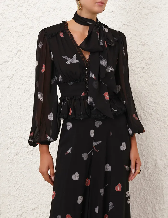 Women Zimmermann Tops Crush V Neck Lace Blouse Black Love Letters