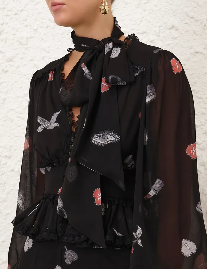 Women Zimmermann Tops Crush V Neck Lace Blouse Black Love Letters