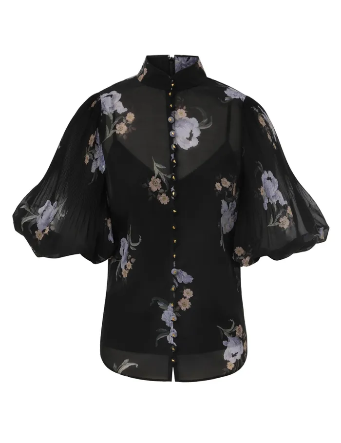 Women Zimmermann Tops Pleated Buttoned Blouse Black Iris Floral