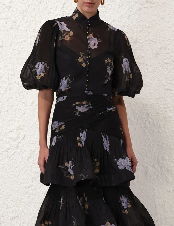 Women Zimmermann Tops Pleated Buttoned Blouse Black Iris Floral
