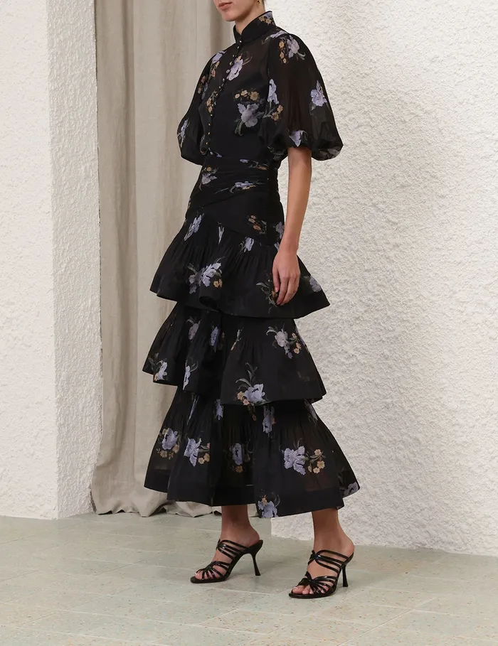 Women Zimmermann Tops Pleated Buttoned Blouse Black Iris Floral