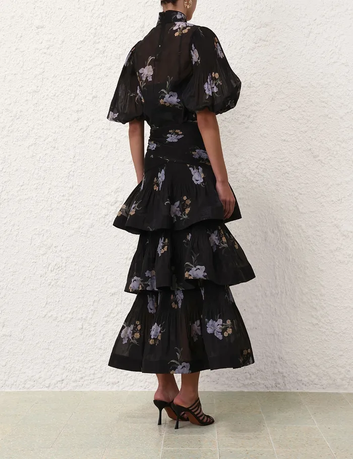 Women Zimmermann Tops Pleated Buttoned Blouse Black Iris Floral