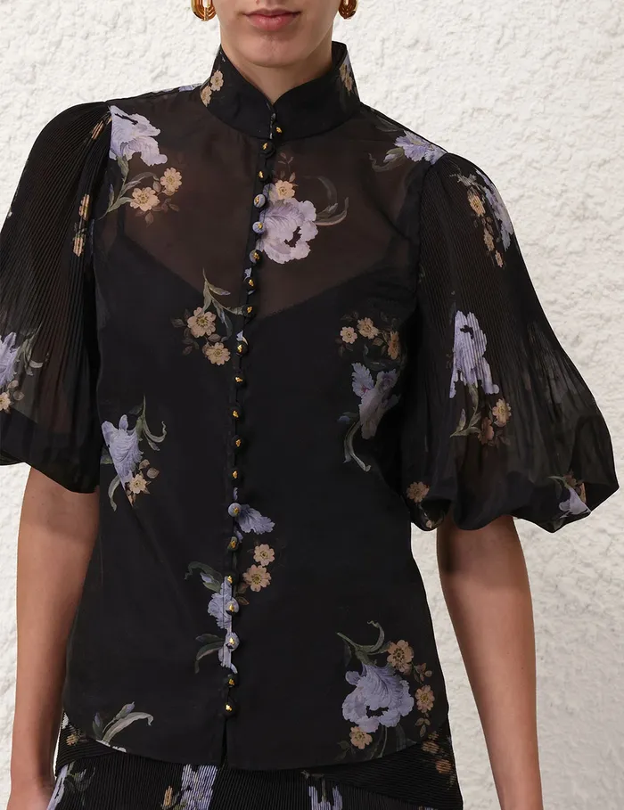 Women Zimmermann Tops Pleated Buttoned Blouse Black Iris Floral