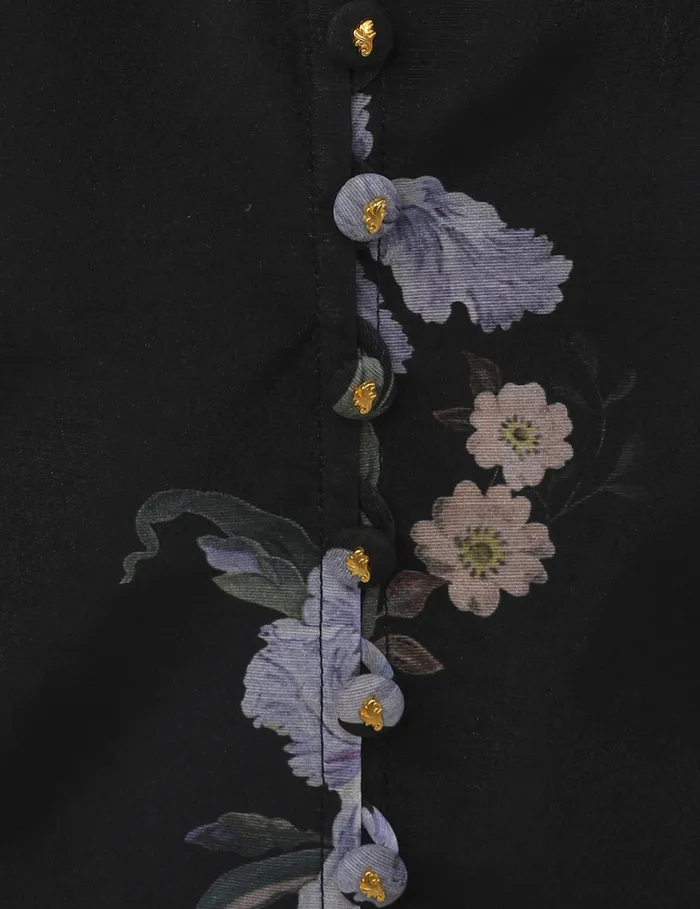 Women Zimmermann Tops Pleated Buttoned Blouse Black Iris Floral