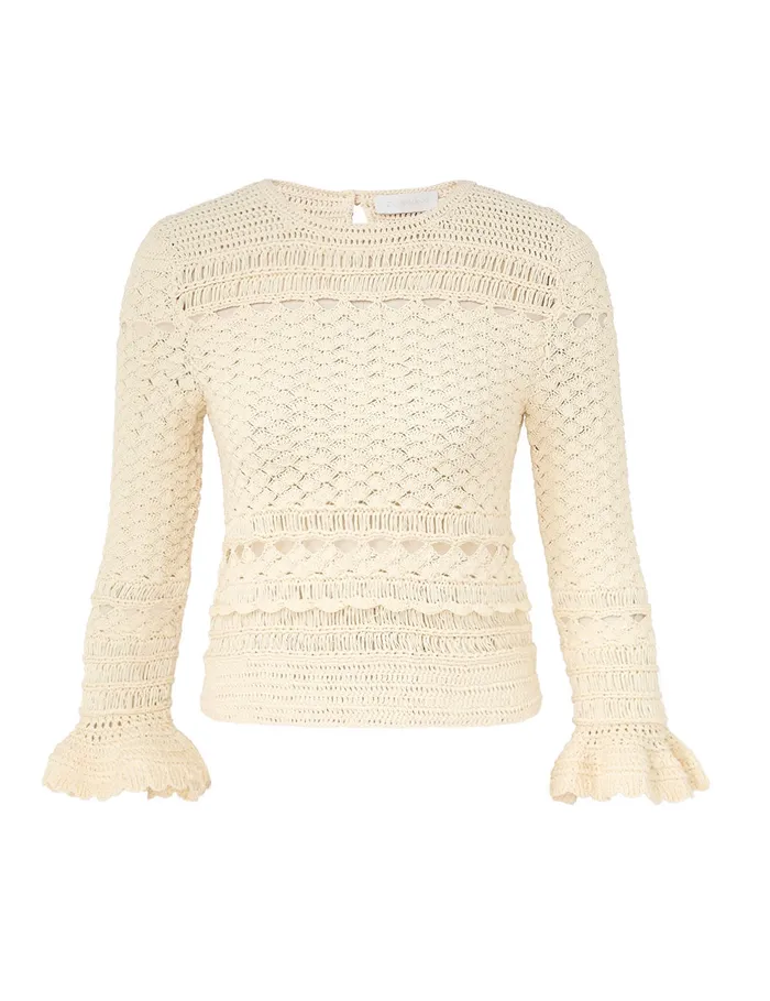 Women Zimmermann Tops Waverly Crochet Crew Neck Top Cream