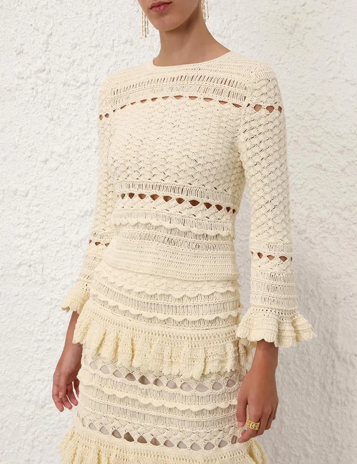 Women Zimmermann Tops Waverly Crochet Crew Neck Top Cream