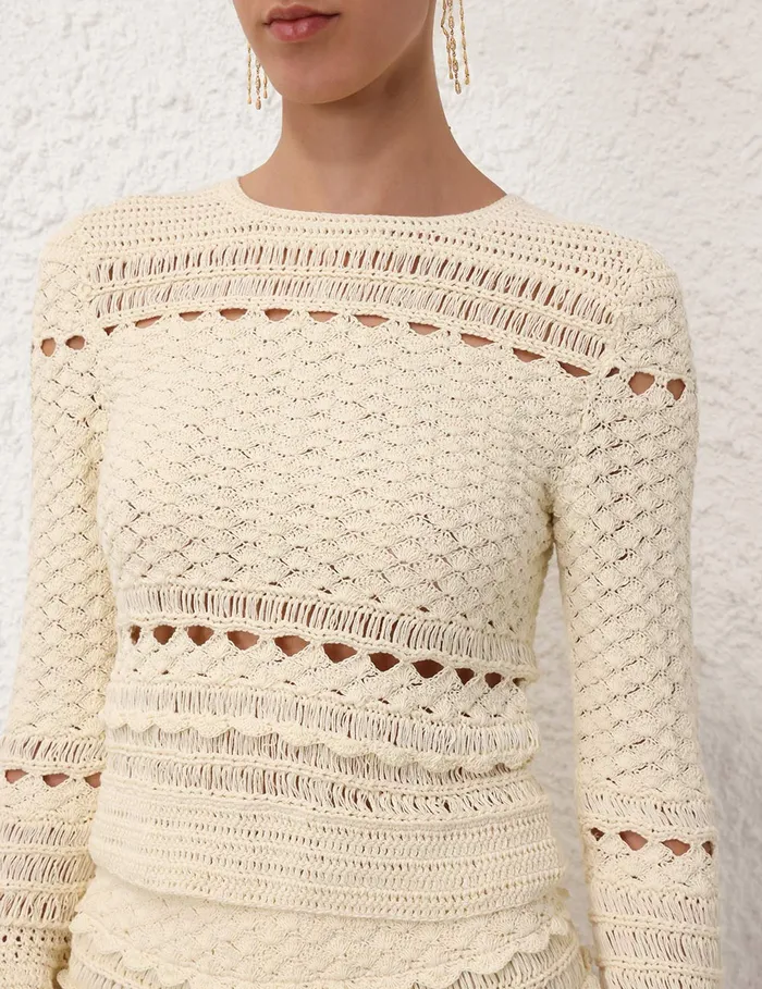 Women Zimmermann Tops Waverly Crochet Crew Neck Top Cream