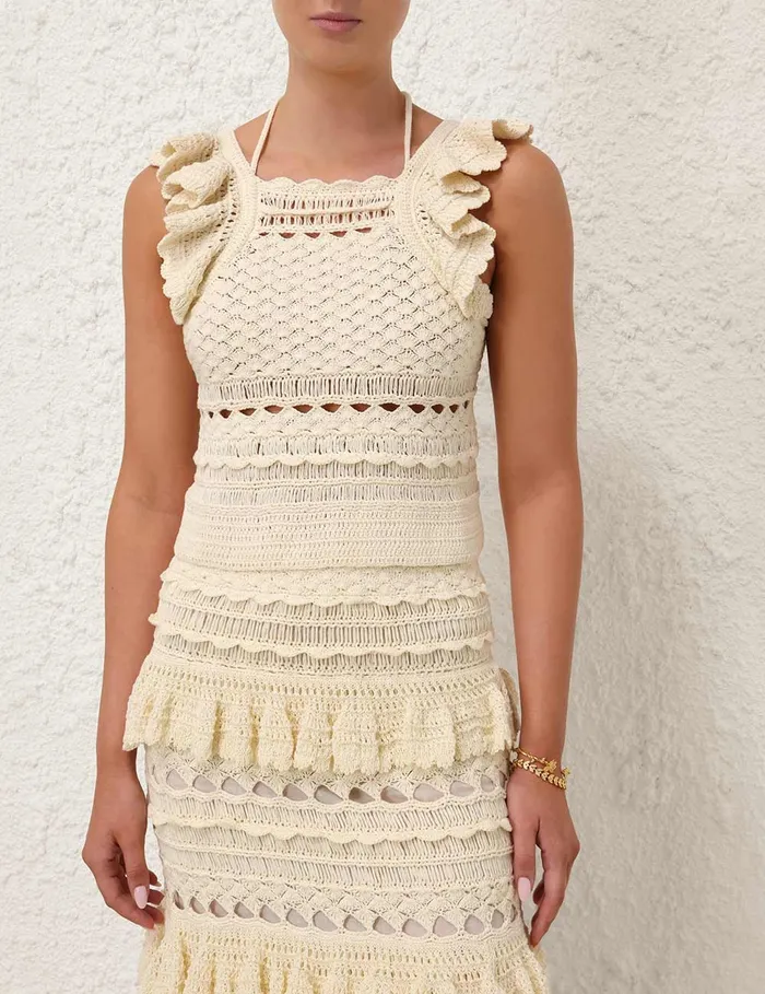Women Zimmermann Tops Waverly Crochet Halter Tank Cream