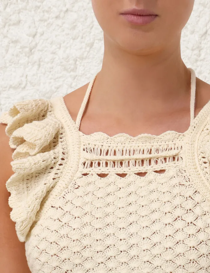 Women Zimmermann Tops Waverly Crochet Halter Tank Cream