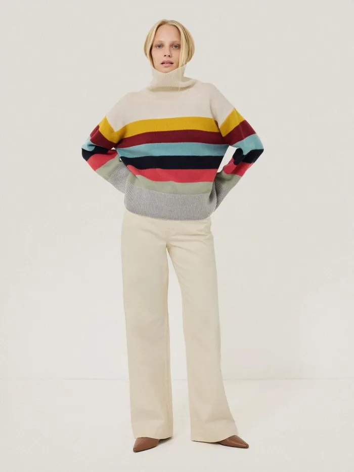 Wool Multi Stripe Turtleneck Grey Women Jigsaw Knitwear and Cashmere