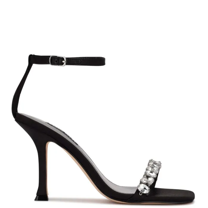 Yazmin Ankle Strap Dress Sandals Black Satin Crystal Women Nine West Heels