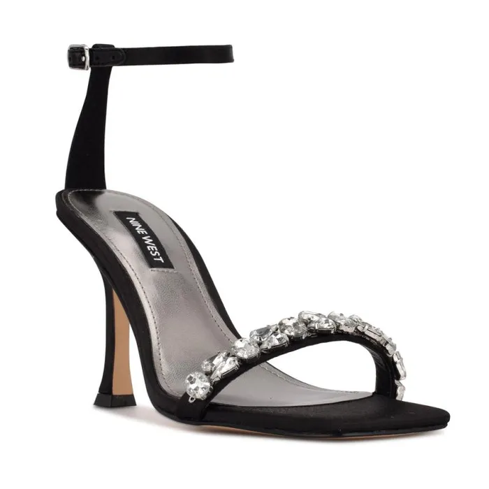 Yazmin Ankle Strap Dress Sandals Black Satin Crystal Women Nine West Heels Yazmin Ankle Strap Dress Sandals Black Satin Crystal Women Nine West Heels