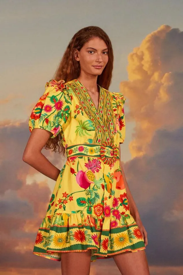 Yellow Delicate Fruit Garden Organic Cotton Mini Dress Women FARM Rio Mini Dresses