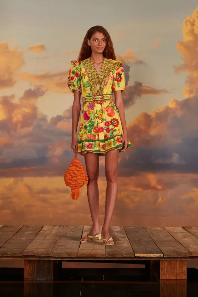 Yellow Delicate Fruit Garden Organic Cotton Mini Dress Women FARM Rio Mini Dresses