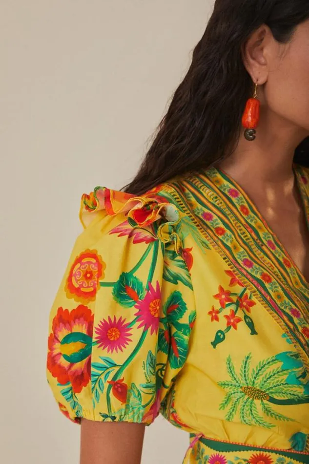 Yellow Delicate Fruit Garden Organic Cotton Mini Dress Women FARM Rio Mini Dresses