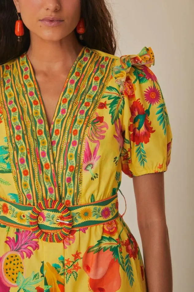 Yellow Delicate Fruit Garden Organic Cotton Mini Dress Women FARM Rio Mini Dresses