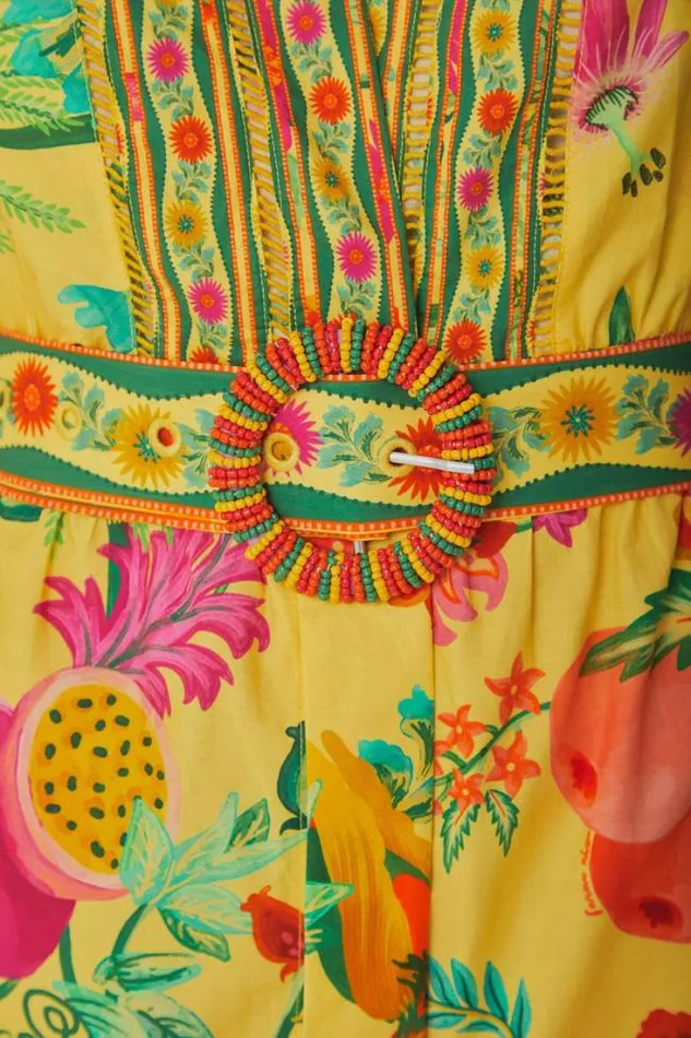 Yellow Delicate Fruit Garden Organic Cotton Mini Dress Women FARM Rio Mini Dresses