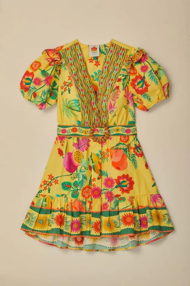 Yellow Delicate Fruit Garden Organic Cotton Mini Dress Women FARM Rio Mini Dresses