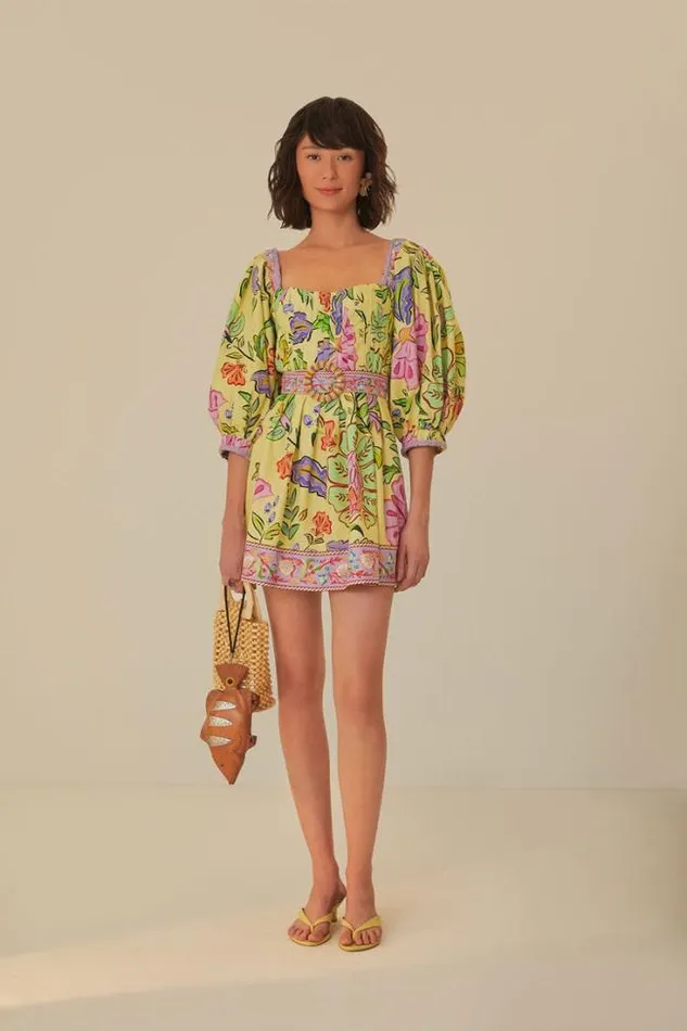Yellow Floral Insects Short Sleeves Mini Dress Women FARM Rio Mini Dresses