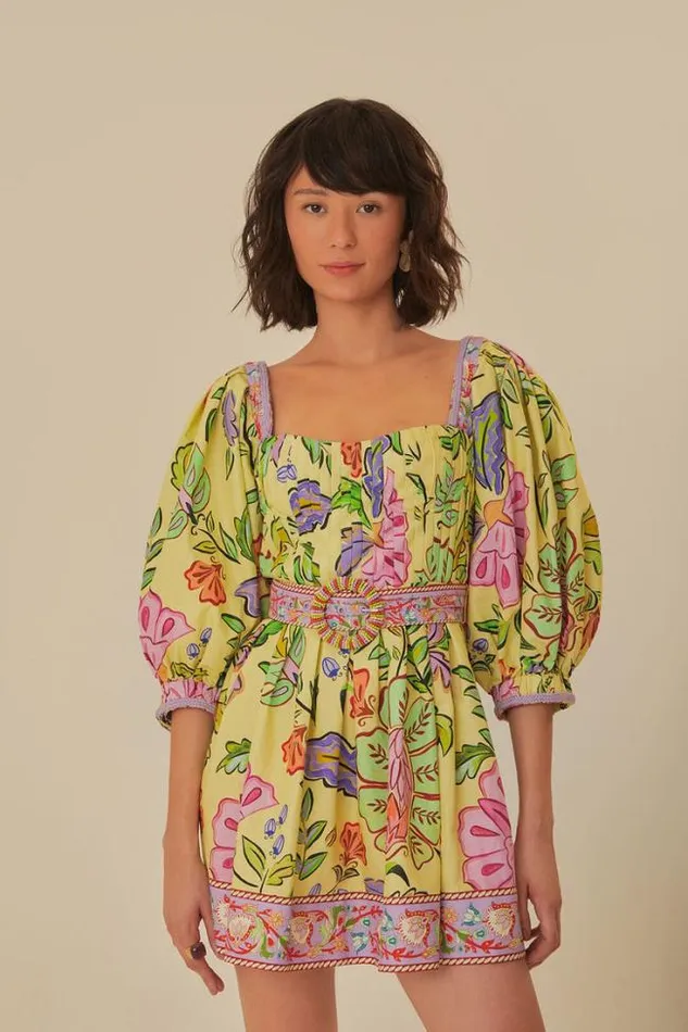 Yellow Floral Insects Short Sleeves Mini Dress Women FARM Rio Mini Dresses
