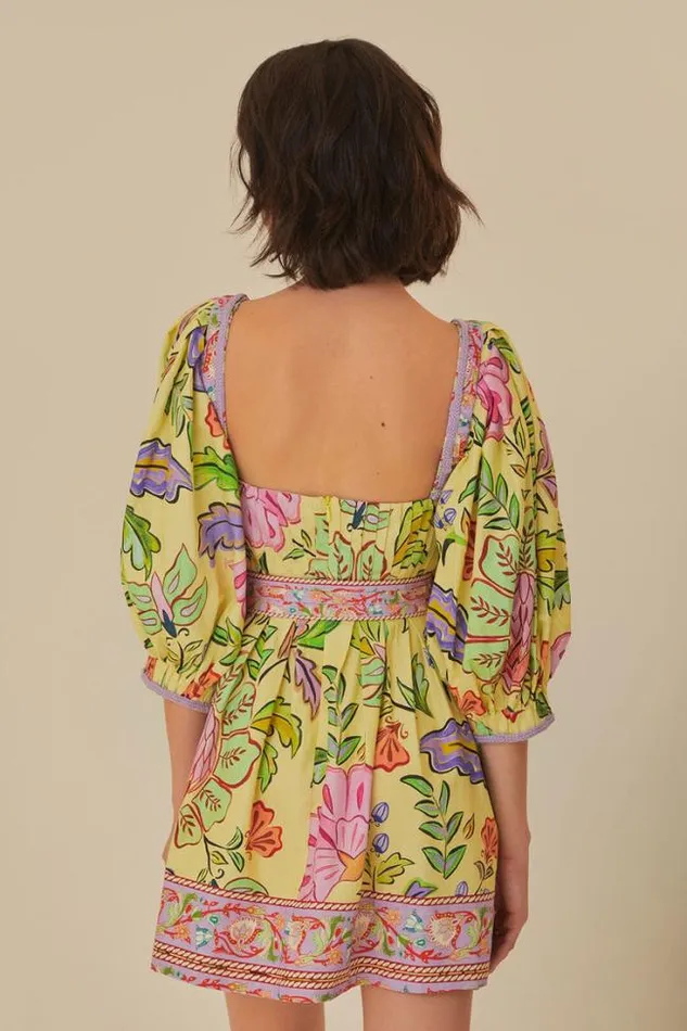 Yellow Floral Insects Short Sleeves Mini Dress Women FARM Rio Mini Dresses
