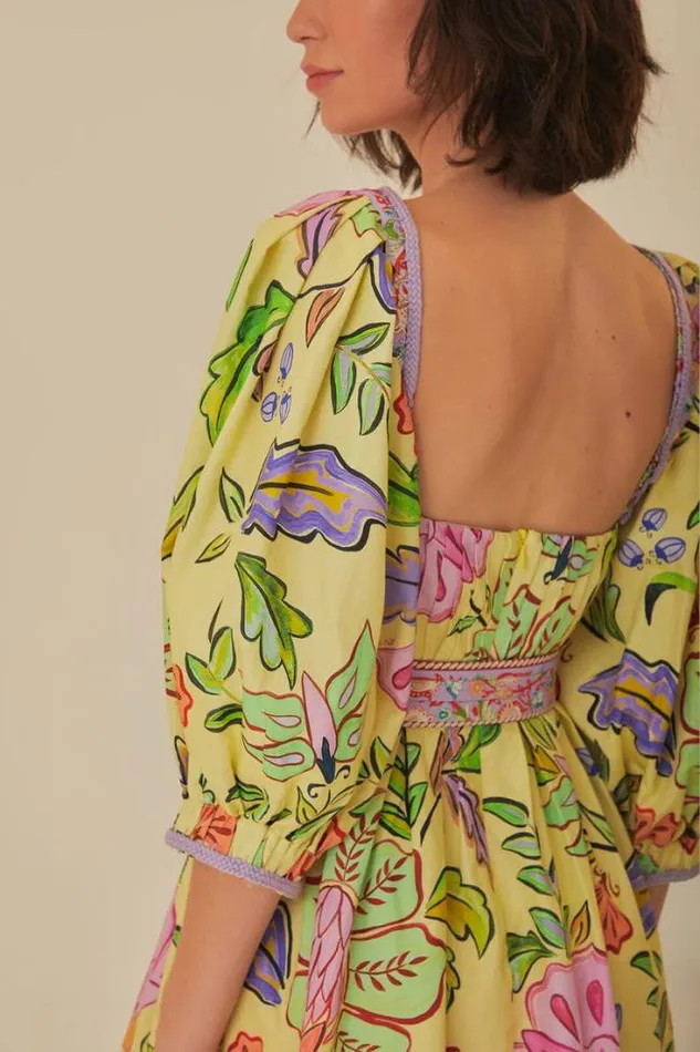 Yellow Floral Insects Short Sleeves Mini Dress Women FARM Rio Mini Dresses
